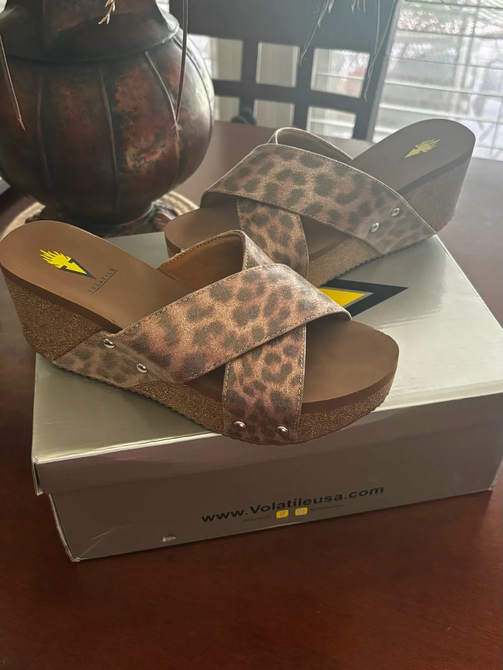 Volatile Leopard Print Crisscross Wedge Sandals - Tan/Brown